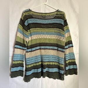 Boho Versailles Striped Crochet Knit Sweater XL Sage Blue Oversized